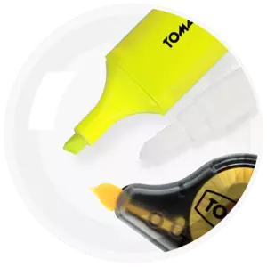 Highlighters, ink erasers, correction tapes and fluids