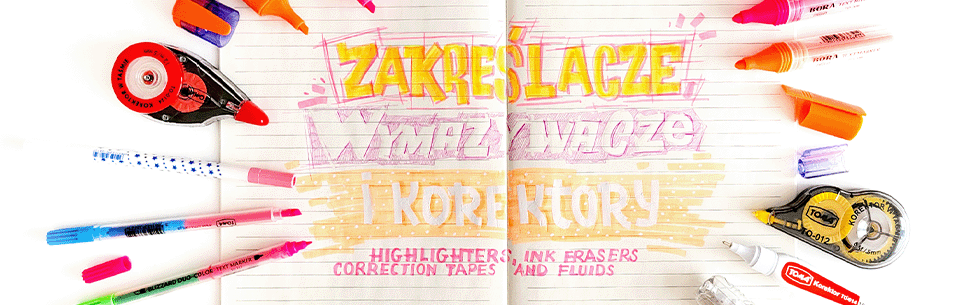 Highlighters, ink erasers, correction tapes and fluids
